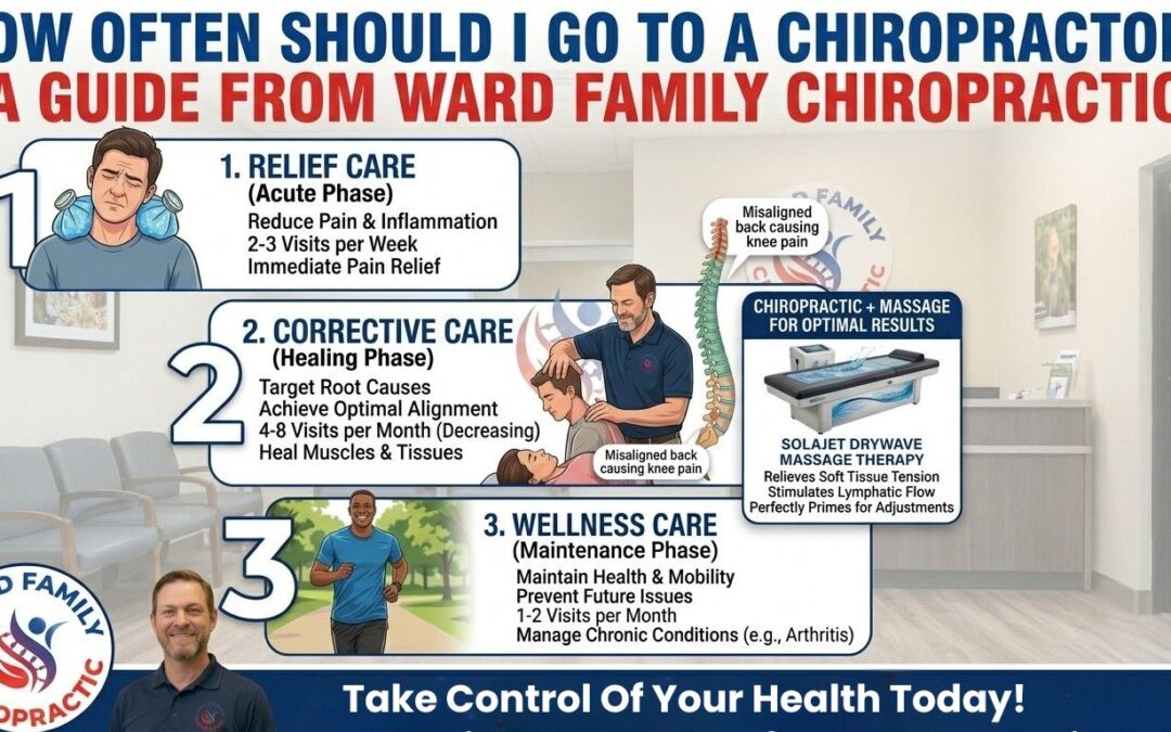 An infographic titled "How Often Should I Go to a Chiropractor? A Guide from Ward Family Chiropractic." It features the clinic's logo and a photo of Dr. Jason Ward over a bright waiting room background. The graphic breaks down treatment into three numbered phases: 1. Relief Care (Acute Phase): Shows an illustration of a man with ice packs on his neck in pain. Text recommends 2-3 visits per week to reduce pain and inflammation. 2. Corrective Care (Healing Phase): Shows an illustration of a chiropractor adjusting a patient, alongside a spine graphic noting that a misaligned back can cause knee pain. Text recommends 4-8 visits per month to target root causes and achieve optimal alignment. 3. Wellness Care (Maintenance Phase): Shows an illustration of a healthy man jogging outdoors. Text recommends 1-2 visits per month to maintain health, prevent future issues, and manage chronic conditions. A side panel titled "Chiropractic + Massage for Optimal Results" features an image of a SolaJet DryWave Massage Therapy bed, noting it relieves soft tissue tension and primes the body for adjustments. The bottom footer includes a call to action to "Take Control of Your Health" with the clinic's website, phone number, and a note stating they have been serving Cartersville and Bartow County for 20+ years.