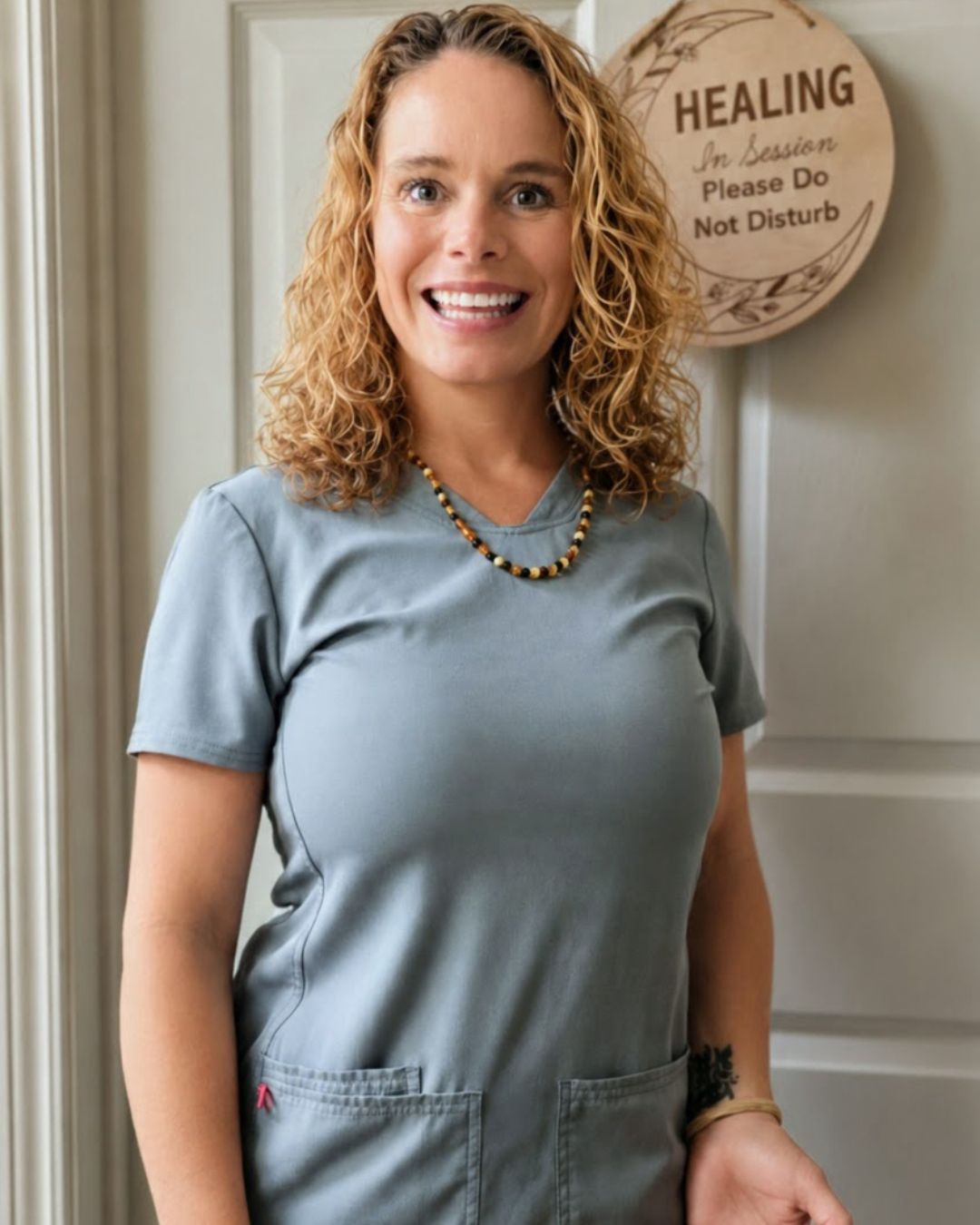 Licensed Massage Therapist Wendy smiling in gray scrubs, holding a wooden jade massage roller tool at Ward Family Chiropractic in Cartersville.