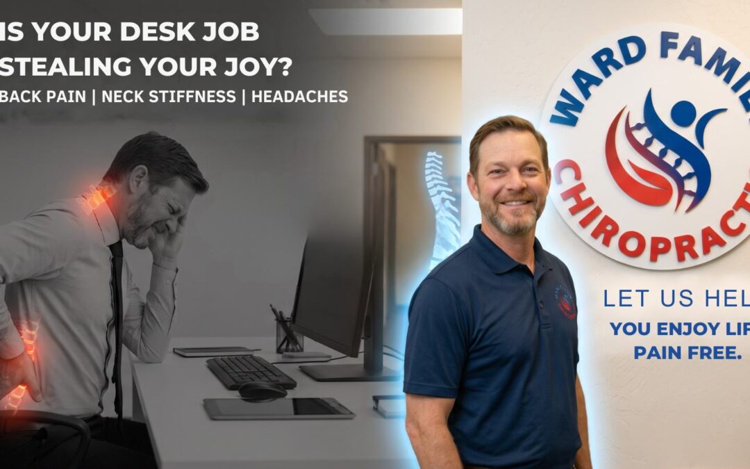 A split-screen graphic highlighting chiropractic care for office workers. The left side shows a man sitting at a desk clutching his neck in discomfort, with glowing red highlights indicating lower back pain and neck stiffness. The text above him reads 'Is your desk job stealing your joy? Back pain, neck stiffness, headaches'. The right side features a smiling Dr. Jason Ward standing in front of the Ward Family Chiropractic logo, accompanied by the welcoming text 'Let us help you enjoy life pain free'. A glowing blue spinal column graphic separates the two halves.