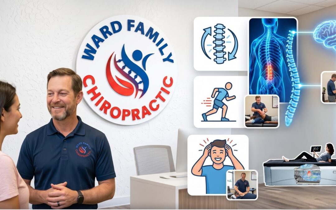 "Official logo for Ward Family Chiropractic in Cartersville GA featuring a stylized spine and leaf design in red and blue."[cite: 2] Dr. Jason Ward Image Alt Text "Dr. Jason Ward an experienced chiropractor in Cartersville GA smiling warmly in his clinic while wearing a navy blue polo with the Ward Family Chiropractic logo.