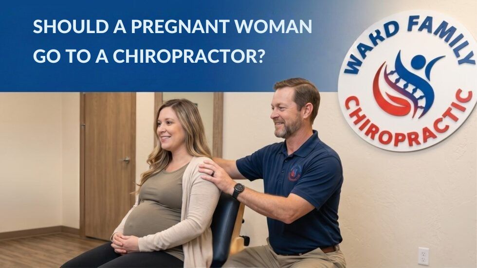 A marketing banner asking, "Should a pregnant woman go to a chiropractor? Safe, Gentle Chiropractic Care." A smiling pregnant woman sits comfortably while Dr. Jason Ward smiles and places his hands gently on her shoulder in a modern clinic setting. Text highlights "Safe & Effective Prenatal Wellness." The bottom states the clinic is accepting new patients, walk ins are welcome, and provides the number 678-535-7171 and website cartersvillegachiropractic.com, noting "Hablamos Español."
